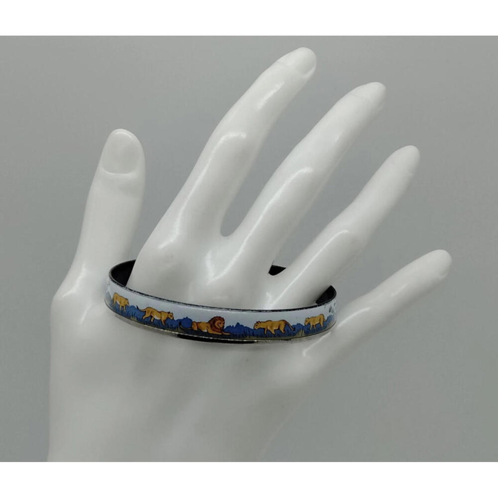 Hermes Extra Narrow Safari Enamel Bracelet Lion Bangle Black Blue Cloisonne
